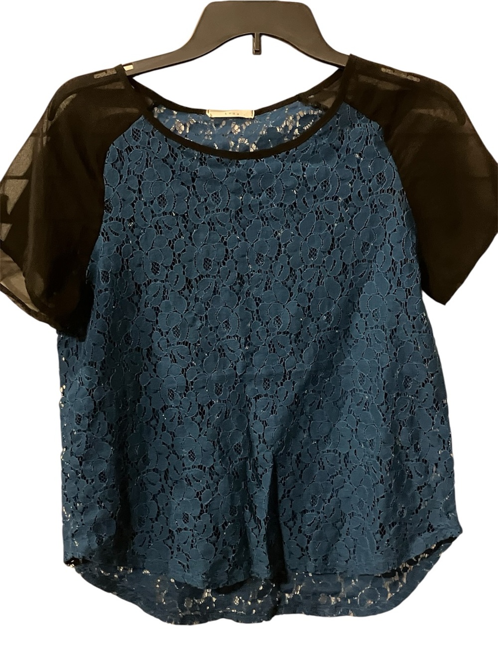 Lush Teal Lace Front Blouse with Black Sheer Raglan Sleeves
